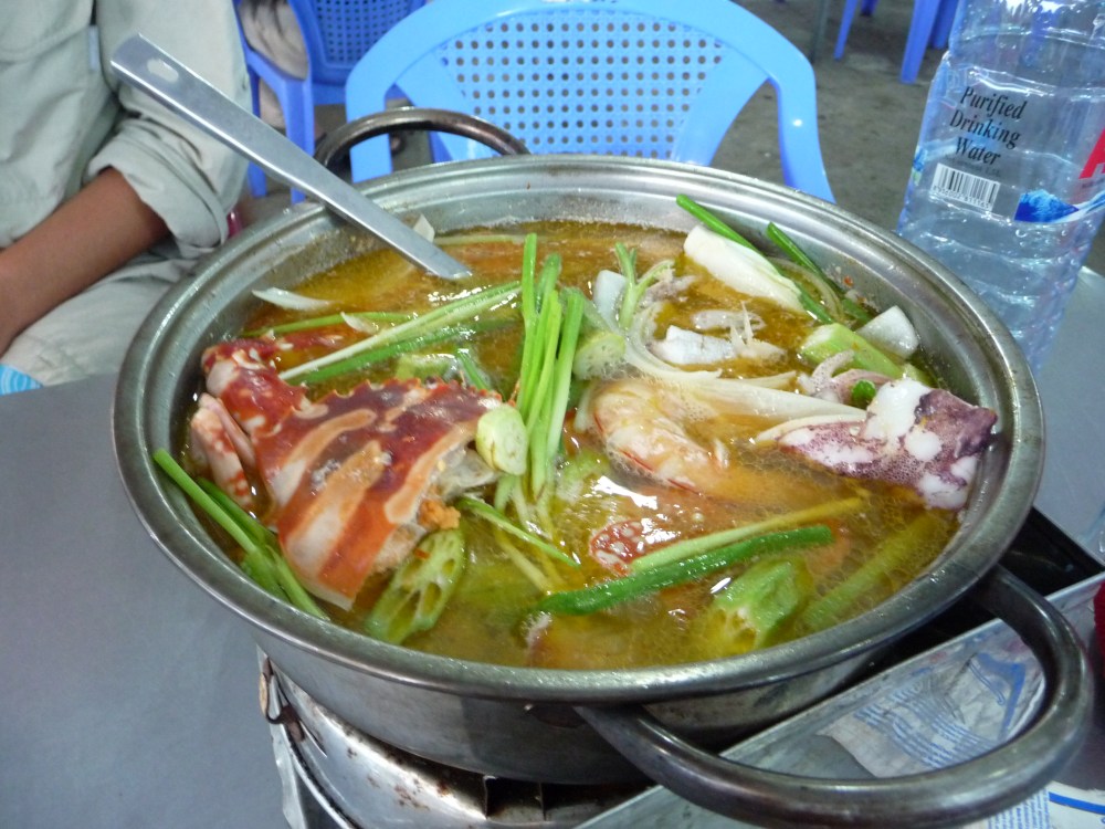 Crab, Shrimp, Fish & Mussel seafood hot pot at the fish market